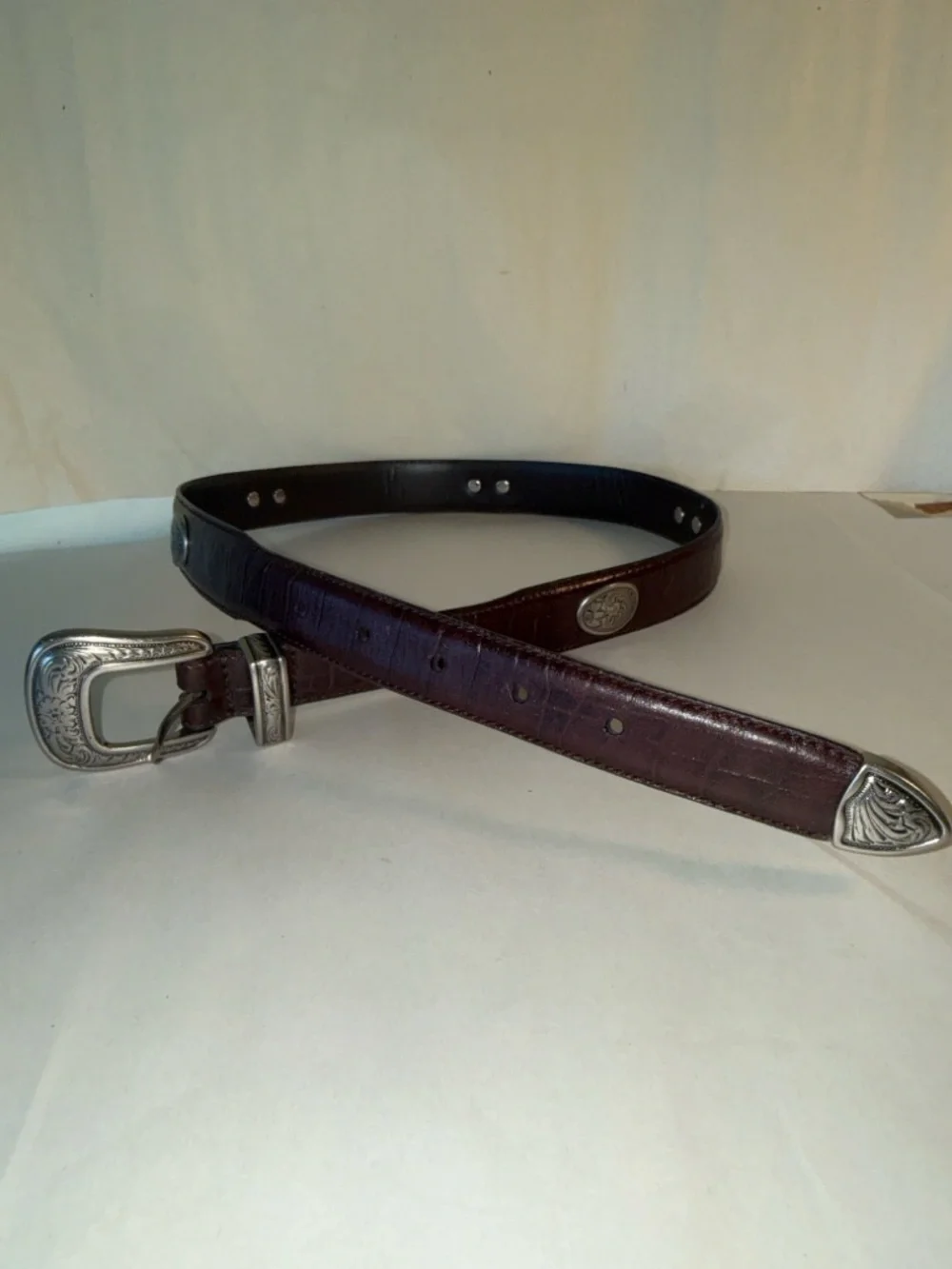 Vintage Western Leather Belt Silver Tone Conchos Engraved Buckle Brown Boho - Picture 2 of 7